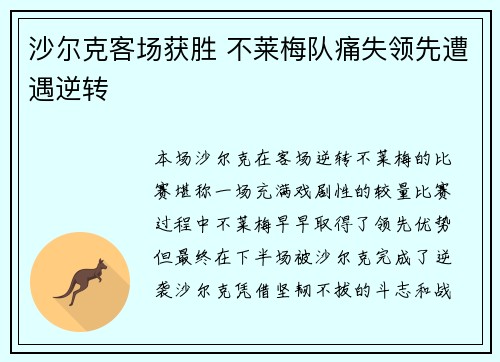 沙尔克客场获胜 不莱梅队痛失领先遭遇逆转