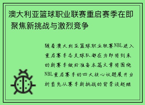澳大利亚篮球职业联赛重启赛季在即 聚焦新挑战与激烈竞争