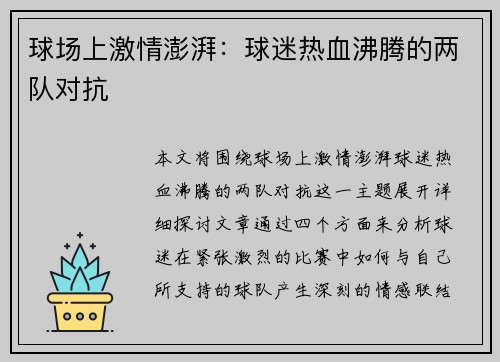 球场上激情澎湃：球迷热血沸腾的两队对抗