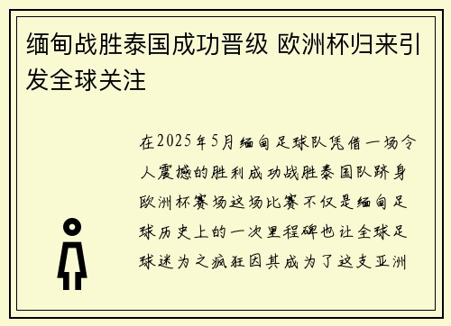 缅甸战胜泰国成功晋级 欧洲杯归来引发全球关注