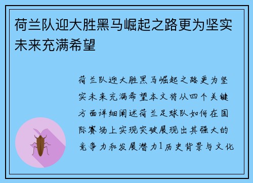 荷兰队迎大胜黑马崛起之路更为坚实未来充满希望