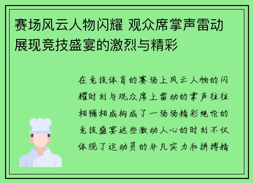 赛场风云人物闪耀 观众席掌声雷动 展现竞技盛宴的激烈与精彩