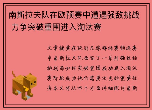 南斯拉夫队在欧预赛中遭遇强敌挑战 力争突破重围进入淘汰赛