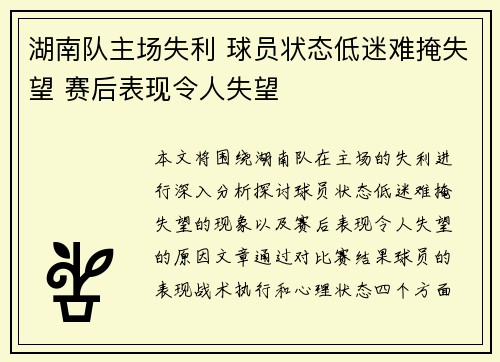 湖南队主场失利 球员状态低迷难掩失望 赛后表现令人失望