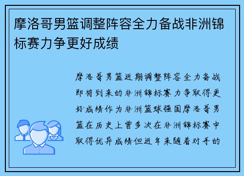 摩洛哥男篮调整阵容全力备战非洲锦标赛力争更好成绩